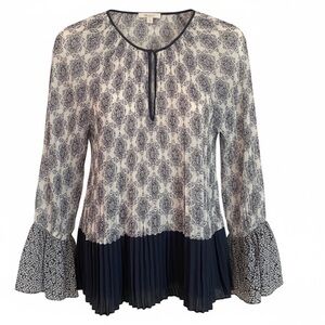 Ella Moss Navy Blue and White Pleated Blouse with Bell Sleeves Size M